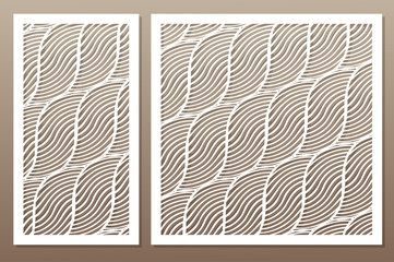 Set decorative card for cutting. Rope, squiggly line pattern. Laser cut. Ratio 1:1, 1:2. Vector illustration.