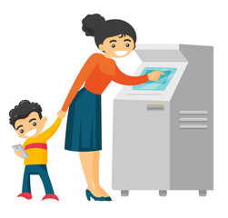 Young Caucasian white woman using ATM for cash withdrawal while her son playing on his smartphone. Vector cartoon illustration isolated on white background.