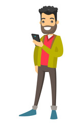 Young Caucasian white businessman looking at mobile phone screen. Vector cartoon illustration isolated on white background.