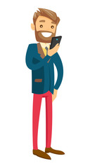 Young Caucasian white businessman in formal suit texting or reading message on the smartphone. Vector cartoon illustration isolated on white background.