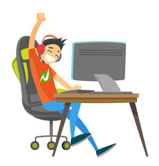 Caucasian white teenage gamer in headset playing video game on a computer and celebrating victory. Technology and gaming concept. Vector cartoon illustration isolated on white background. © Visual Generation