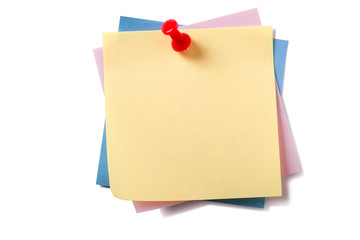 Untidy stack pile various different colors yellow on top sticky post it note square pinned with pushpin isolated on white background photo