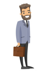 Young caucasian white businessman holding a briefcase. Full length of widely smiling businessman with briefcase..Vector cartoon illustration isolated on white background.