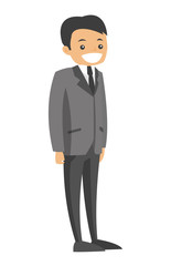 Full length of young happy smiling caucasian white businessman in grey suit. Concept of leadership and success. Vector cartoon illustration isolated on white background.