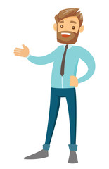 Full length of young cheerful laughing caucasian white businessman gesturing with his hands. Vector cartoon illustration isolated on white background.