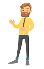 Full length of young cheerful laughing caucasian white businessman gesturing with his hands. Vector cartoon illustration isolated on white background.