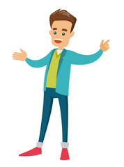 Full length of young caucasian white businessman standing with outstretched arms symbolizing welcome gesture. Vector cartoon illustration isolated on white background.
