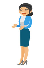 Full length of young cheerful laughing caucasian white business woman gesturing with her hands. Vector cartoon illustration isolated on white background.