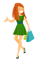 Young happy Caucasian white woman during shopping. Cheerful smiling woman laughing and walking with shopping bags. Vector cartoon illustration isolated on white background.