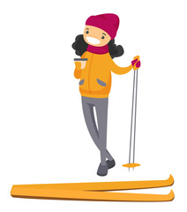 Caucasian white woman drinking hot coffee at ski resort. Woman having break after skiing in the mountains. Concept of winter leisure activity. Vector cartoon illustration isolated on white background.