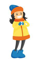 Young smiling caucasian white girl holding a little snowball. Concept of outdoor winter leisure activity. Vector cartoon illustration isolated on white background.
