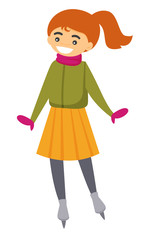 Young caucasian white smiling woman ice skating on ice skating rink outdoors. Concept of outdoor winter leisure activity. Vector cartoon illustration isolated on white background.