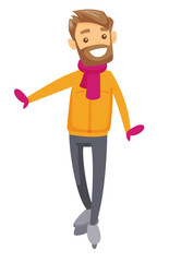 Young caucasian white smiling man with beard ice skating on ice skating rink outdoors. Concept of outdoor winter leisure activity. Vector cartoon illustration isolated on white background.