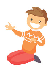 Young caucasian white happy laughing boy sitting on the floor. Vector cartoon illustration isolated on white background.