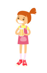 Cheerful little caucasian white red haired girl in pink dress standing with a glass of fresh orange juice in hands. The concept of childhood. Vector cartoon illustration isolated on white background.