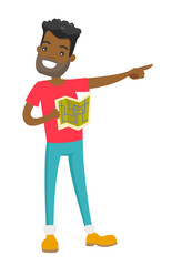 Young african-american man with paper map in hands sightseeing and pointing finger to the side. Vector cartoon illustration isolated on white background.