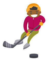 Teenage african-american boy having fun while playing ice hockey on an outdoor ice skating rink in winter. Concept of winter leisure activity. Vector cartoon illustration isolated on white background.
