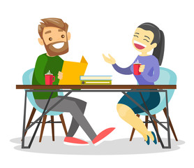 Young happy caucasian white office workers chatting and drinking coffee in office. Businesswoman and businessman having a coffee break at work. Vector cartoon illustration isolated on white background