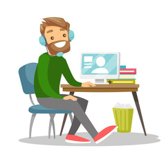 Caucasian white businessman using headset and computer in call center. Young cheerful gamer in headphones playing video game on a computer. Vector cartoon illustration isolated on white background.