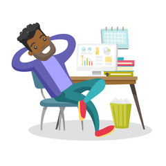 Young satisfied african-american employee sitting at workplace with hands clasped behind his head. Relaxed employee resting in the office. Vector cartoon illustration isolated on white background.