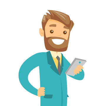 Young caucasian white hipster businessman with beard looking at mobile phone screen. Happy businessman using smartphone. Vector cartoon illustration isolated on white background.