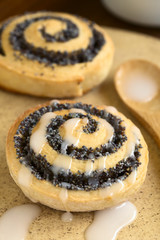 Homemade poppy seed roll with icing on a plate, photographed with natural light (Selective Focus, Focus one third into the image)