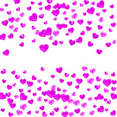 Valentines day heart with pink glitter sparkles. February 14th day. Vector confetti for valentines day heart template. Grunge hand drawn texture. Love theme for voucher, special business ad, banner.
