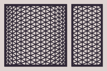 Set decorative card for cutting. Triangle mesh 3D pattern. Laser cut. Ratio 1:1, 1:2. Vector illustration.