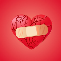 Broken heart sealed with medical band-aid. Red glass shards 