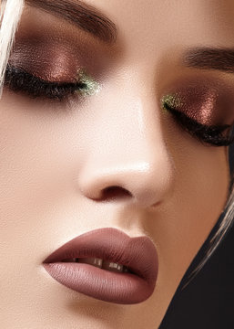 Closeup with of beautiful blond woman. Fashion makeup, clean shiny skin. Makeup and cosmetic. Beauty style on model face