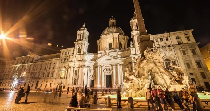 ROME, ITALY  &ndash; OCTOBER 2015 : Moving timelapse / hyperlapse of St. Agnese Church at night with Fiumi Fountain in view 