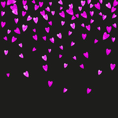 Valentines day border with pink glitter hearts. February 14th day. Vector confetti for valentines day border template. Grunge hand drawn texture. Love theme for flyer, special business offer, promo.