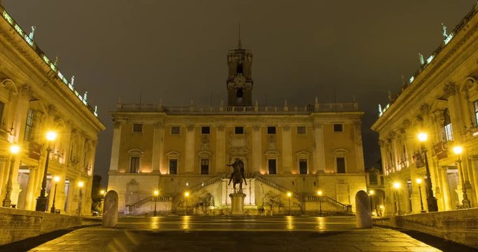 ROME, ITALY  &ndash; OCTOBER 2015 : Moving timelapse / hyperlapse of walking up Cordonata stairs at night with view of Campidoglio square