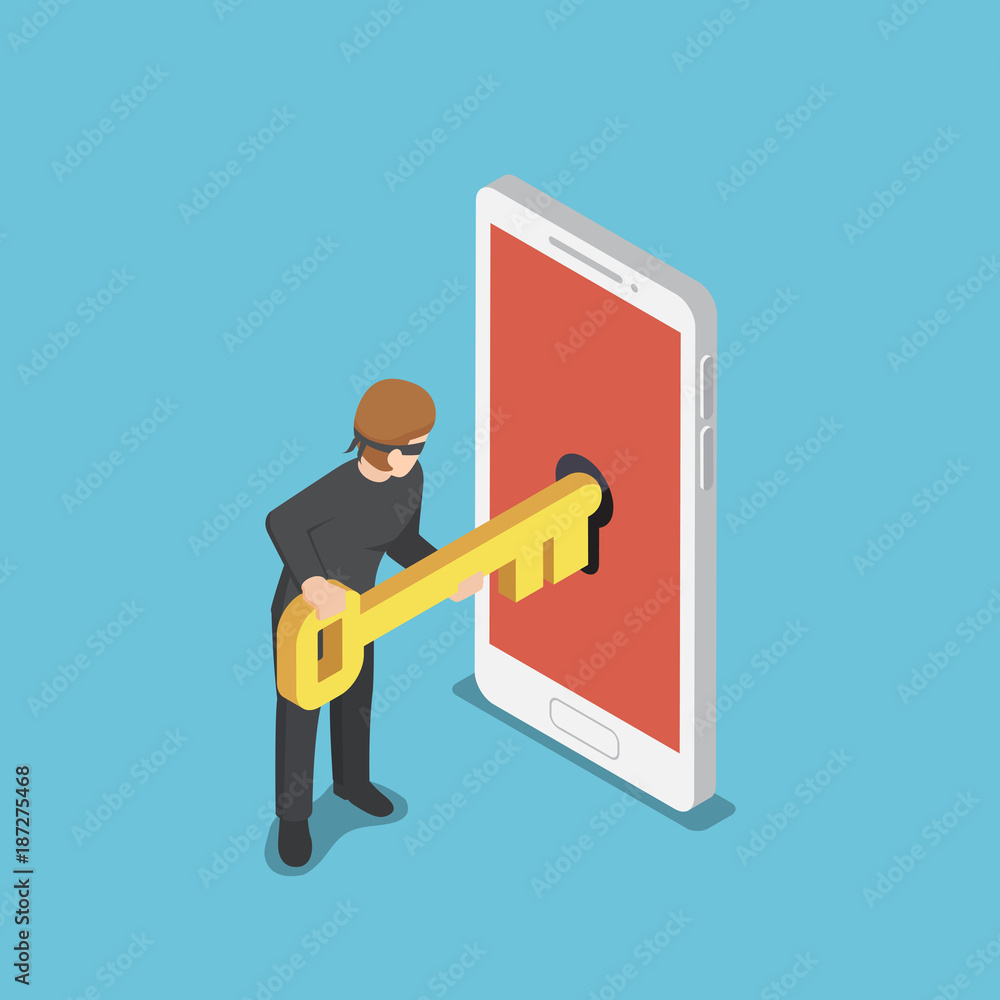 Poster isometric thief or hacker use key to hack into smartphone.