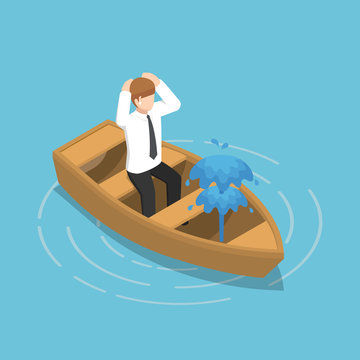 Isometric Businessman Sitting In Leaking Boat.