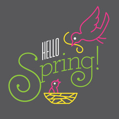 Hello Spring Vector Design with cute bird drawings.
Contemporary flat vector mono line drawing shows mother bird feeding her baby in nest. Fun custom typography.