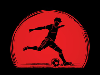 Soccer player running and kicking a ball action designed on sunlight graphic vector