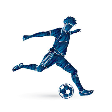 Soccer player running and kicking a ball action designed using grunge brush graphic vector