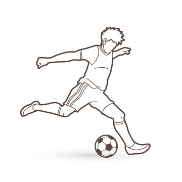recommend clip art: Soccer player running and kicking a ball action outline graphic vector