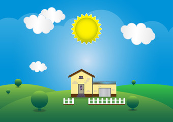 Naklejka premium Flat classical house with fence and bushes and sky nature in mountian. Modern house concept.