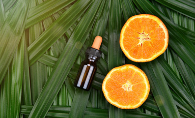 Cosmetics skincare with vitamin-c extract, Cosmetic dropper bottle containers with fresh orange...