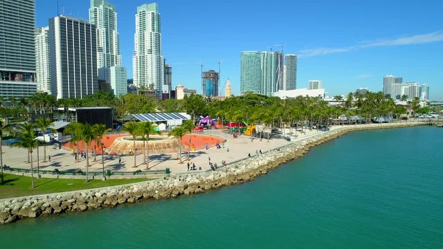 Aerial video Downtown Miami Bayfront Park New Years celebration setup