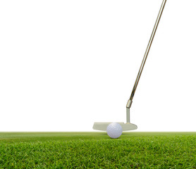 Putter and golf ball on green isolated on white  background with space for text