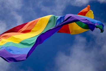 Rainbow flag waving against cloudy sky