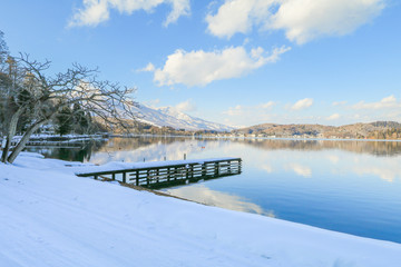 Beautiful fresh snow in winter around the mountains  Lake  with blue sky  background, Nagano Prefecture, Japan.