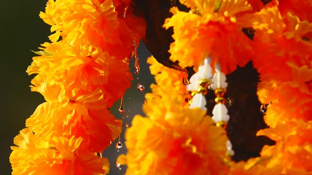 Buddha oriental fountain orange garlands in water in slow motion 
