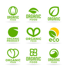 Eco food, organic bio products, eco friendly, vegan icons and ecology symbols. Set of vector logo design elements, badges, labels and logotype templates for your business