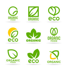Fototapeta premium Eco food, organic bio products, eco friendly, vegan icons and ecology symbols. Set of vector logo design elements, badges, labels and logotype templates for your business