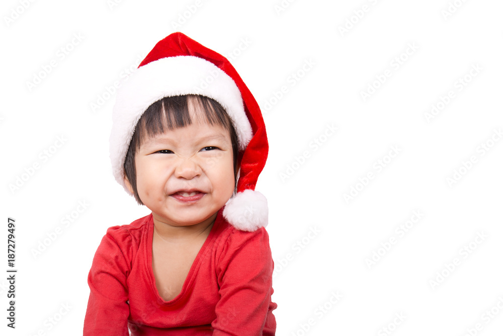 Wall mural Portrait of little cute asian girl, lovely small asian girl look up isolated on white background, happy and fun expression