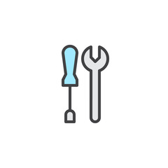 Wrench and screwdriver work tools filled outline icon, line vector sign, linear colorful pictogram isolated on white. Repairing symbol, logo illustration. Pixel perfect vector graphics